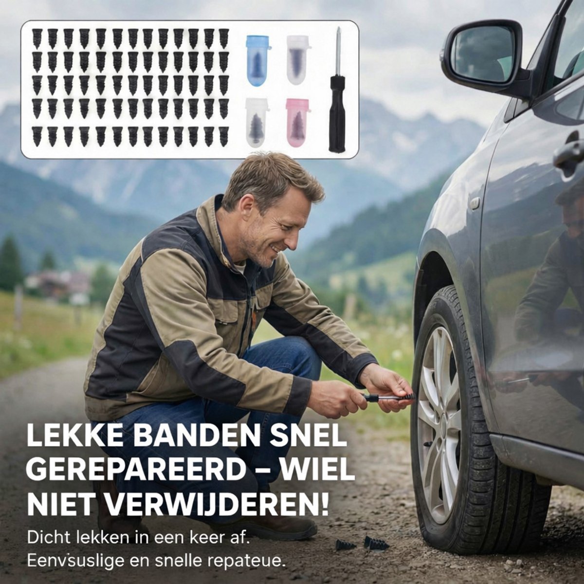 Draagbare Bandenreparatieset – Rubberen Bandenreparatiespijkers - 3 Maten Pluggen & Gereedschap – Voor Auto, Fiets en Motor - 85 stuks - Snel Zonder Wiel Verwijderen thumbnail 6