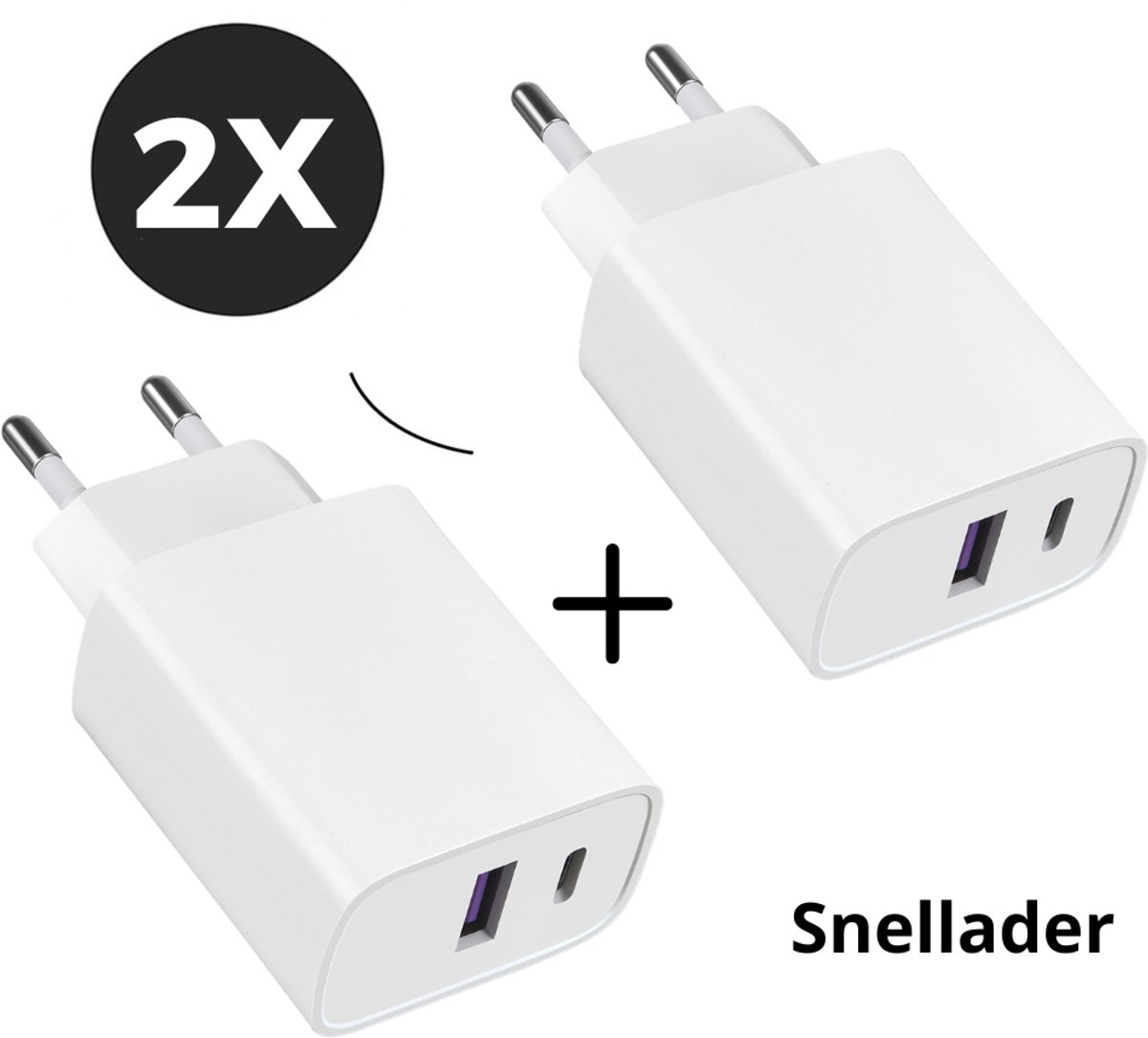 2x USB C Adapter USB C en USB Oplader - 25W Snellader (2 Stuks) - Geschikt voor alle toestellen - Wit