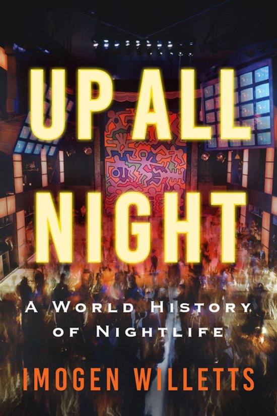 Boekomslag voor 'Up All Night' met gele letters op een donkere achtergrond en een abstracte tekening.