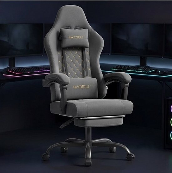 Gamingstoel met Massagefunctie, Ergonomische Bureaustoel met Pocketvering, Lendenmassage, Hoofdkussen & Voetensteun, Verstelbare Rugleuning 90-145°, Ademend Tech-Stof, 150 kg Belastbaar - Grijs/Geel - Mobili Bella — afbeelding 3