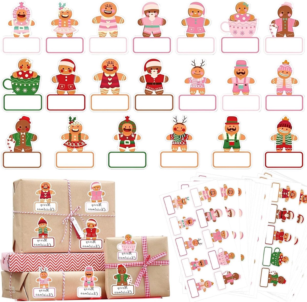 240 Stuks Kerststickers voor Cadeaus - Zelfklevende Stickers met Peperkoekman voor DIY Cadeautags en Versiering