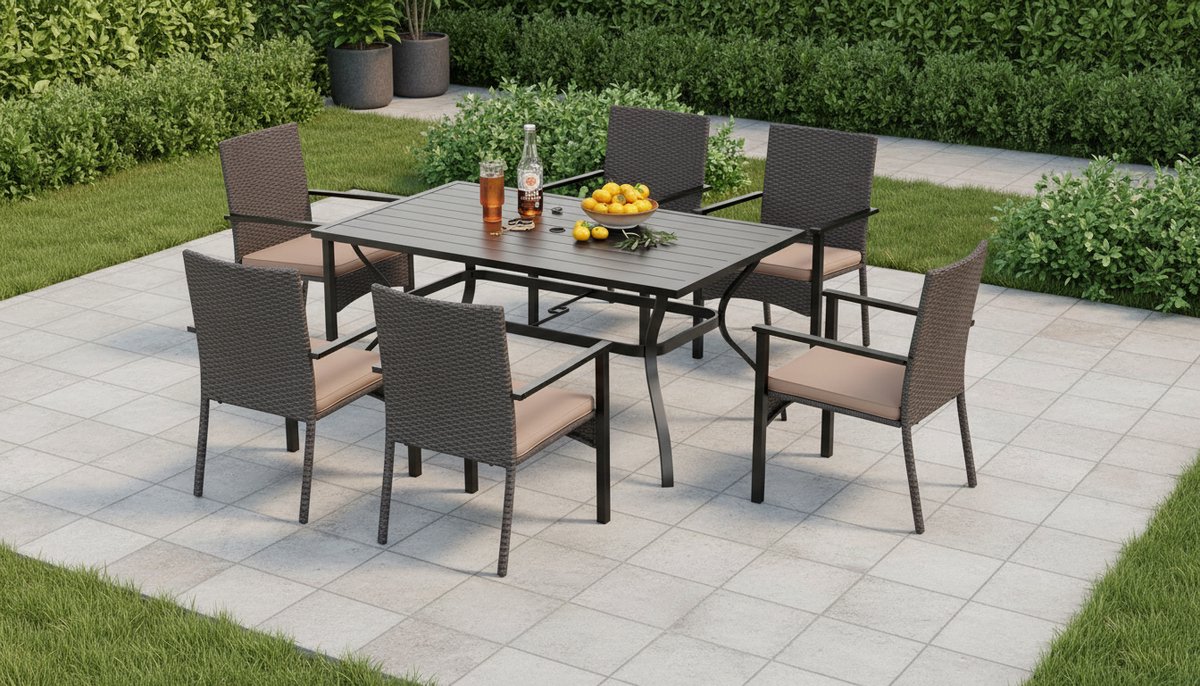 Luxe 7-delige Rotan Tuinset – 6 Persoons Tuinmeubelset met Rechthoekige Eettafel (152x96 cm) & Parasolgat 4–5 cm – Weerbestendige Polyrotan Terrasset met Stalen Frame & E-coating – Outdoor Dining Set voor Tuin & Terras – Medahomestore – foto 3