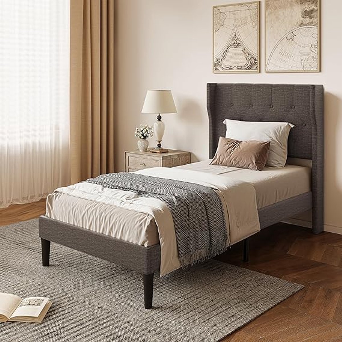 uxe ComfortLine Gestoffeerd Eenpersoonsbed 90x200 cm met Hoofdbord, Lattenbodem en 20 cm Opbergruimte – Modern, Stevig en Geluidsloos Design – Donkergrijs