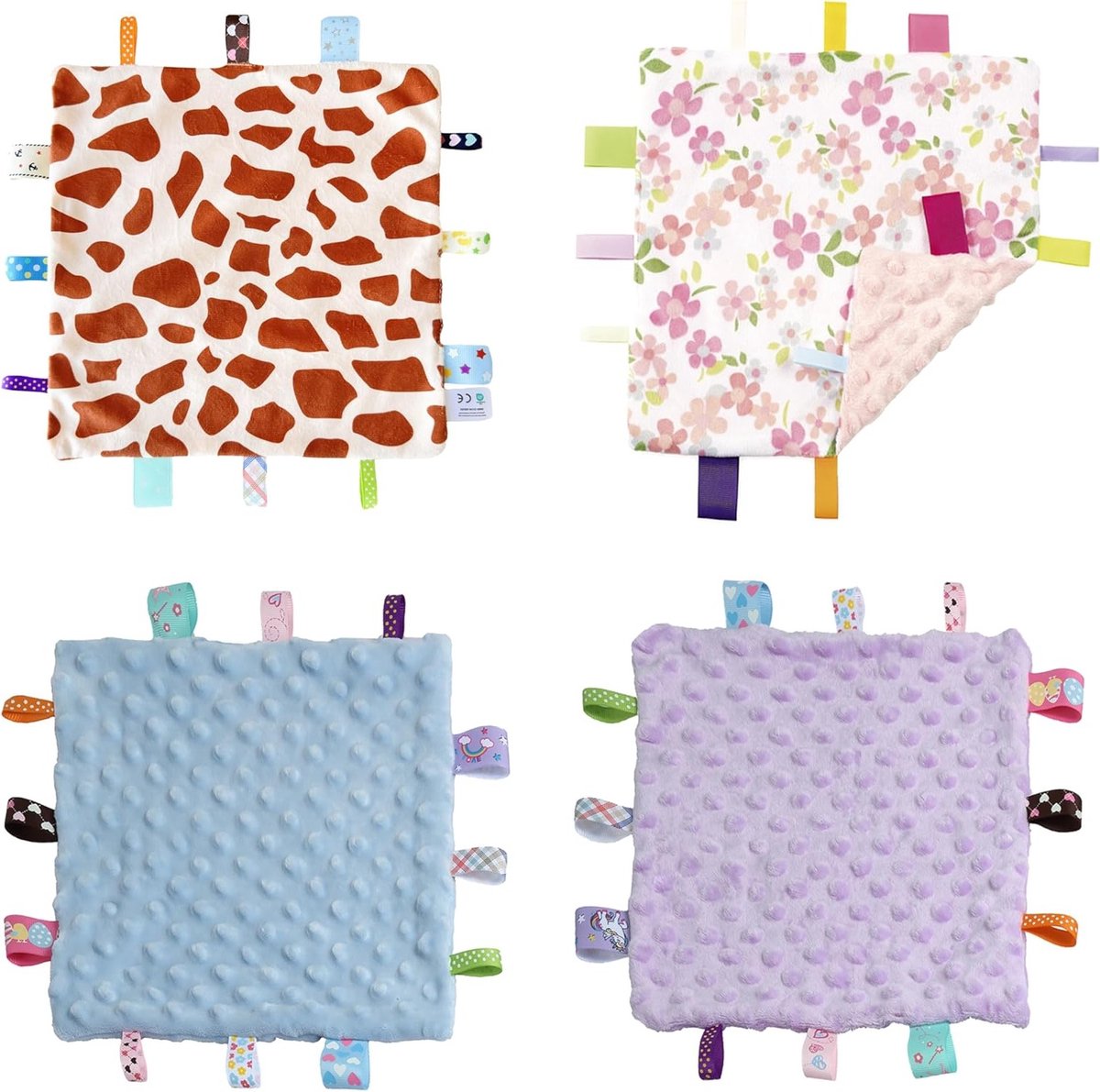 Zachte Babydeken voor Kinderen, Sensory Blanket, Verjaardagscadeau en Babyshower, 24 x 24 cm, Giraffe en Bloemen in Paars en Blauw met Stippen