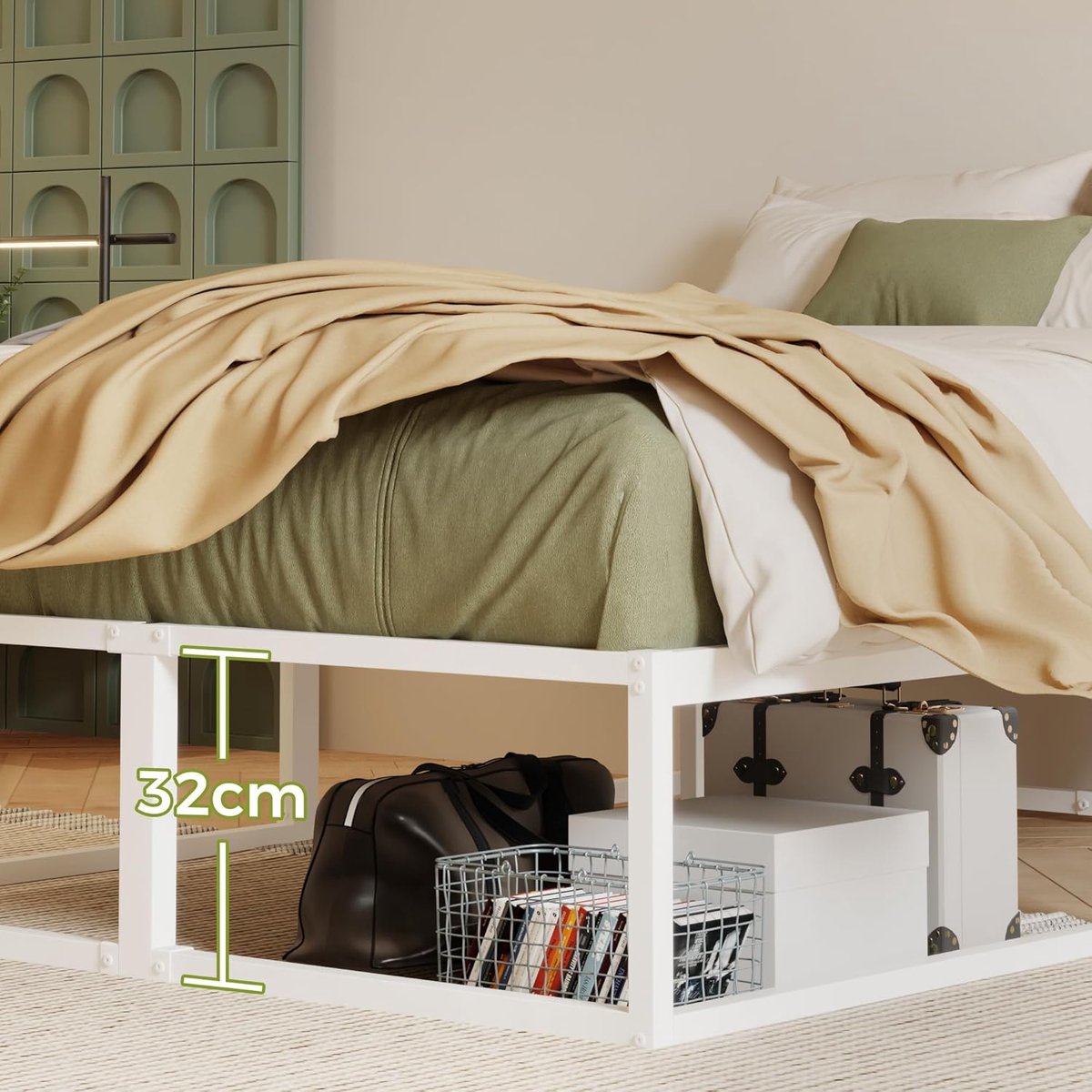 Luxe Stalen Bedframe 160x200 cm met Opbergruimte en Geluidsloze Lattenbodem – Modern Wit Metaal Platformbed 36 cm Hoog, Extra Stevig tot 400 kg