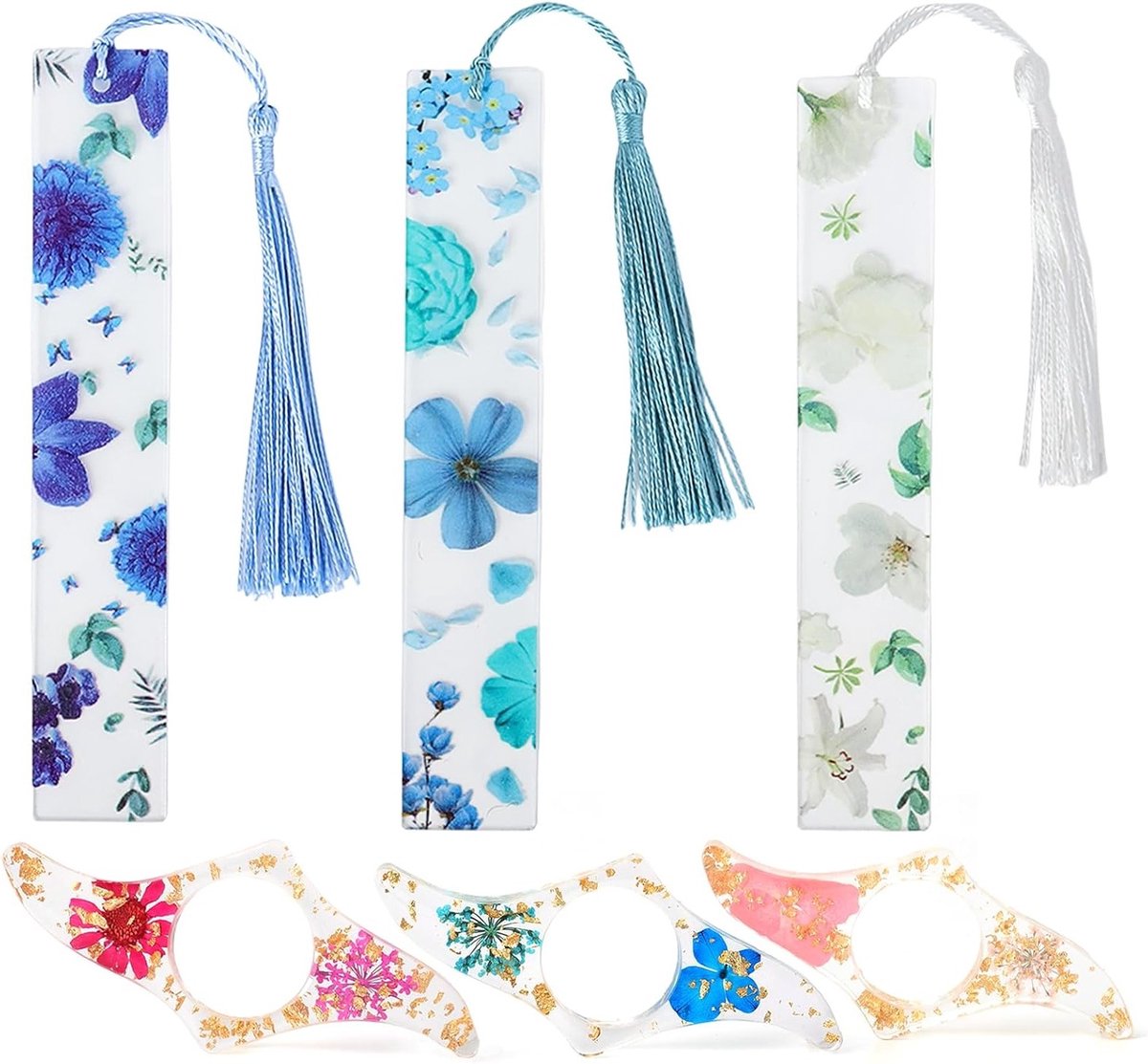 Set van 6 Hars Boekenleggers met Gedroogde Bloemen, Inclusief Penseel en Paginahouder, Aesthetic Boekenaccessoires voor Lezers en Onderwijzers