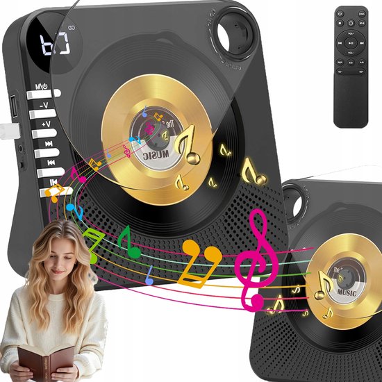 Verticale cd-speler Bluetooth 5.0 met 4000mAh batterij, USB, afstandsbediening, timer, transparant deksel