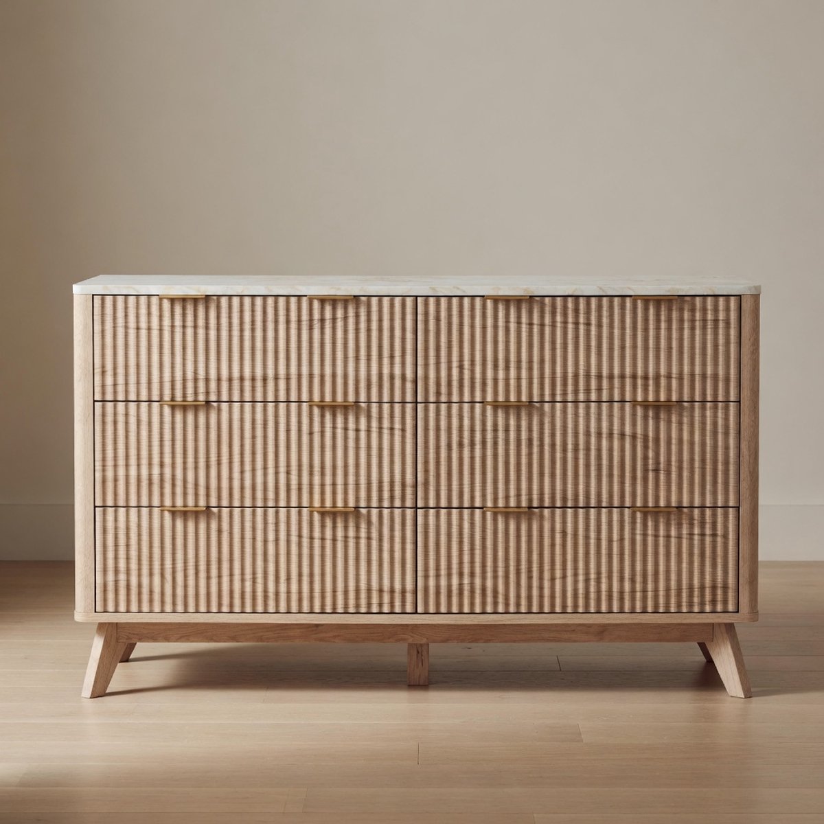 Moderne Design Ladekast met 6 Laden – 137 cm Breed Dressoir met Geribbeld Front & Marmerlook Blad – Gebogen Commode in Natuurlijk Eiken – Slaapkamer & Woonkamer Opbergkast | Mobili Bella