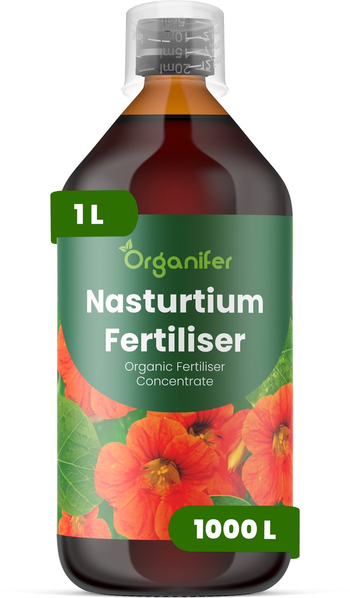 Vloeibare Meststof Voor Oost-Indische Kers 1 L Voor 1000 L - Npk 2-1-8 - Ondersteunt Overvloedige En Continue Bloei Bij Alle Oost-Indische Kers Variëteiten - Verbetert Bloemkleurintensiteit En Bloembladkwaliteit Dankzij Kaliumgehalte - Organifer