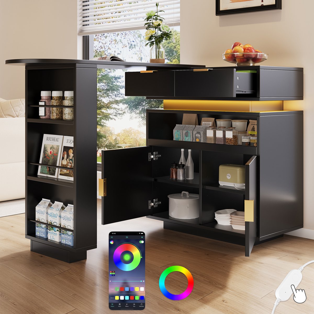 Clruro Bartafel - 115-183x40x99 cm - Uitschuifbaar Met LED 360° Draaibaar En Opbergruimte - Hout - Zwart