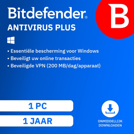 Bitdefender Antivirus Plus: Essentiële bescherming voor Windows, beveiligde VPN, 1 pc, 1 jaar, directe download.