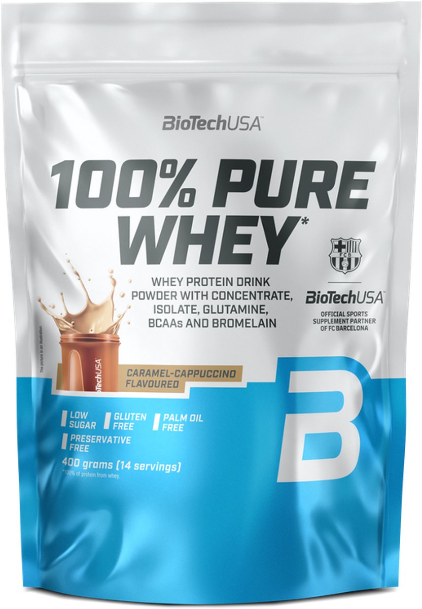 BioTechUSA 100% Pure Whey | Eiwitpoeder met BCAA en Glutamine | Glutenvrij, Palmolievrij | 21g Eiwit per portie, 400 g, Karamel-Cappuccino