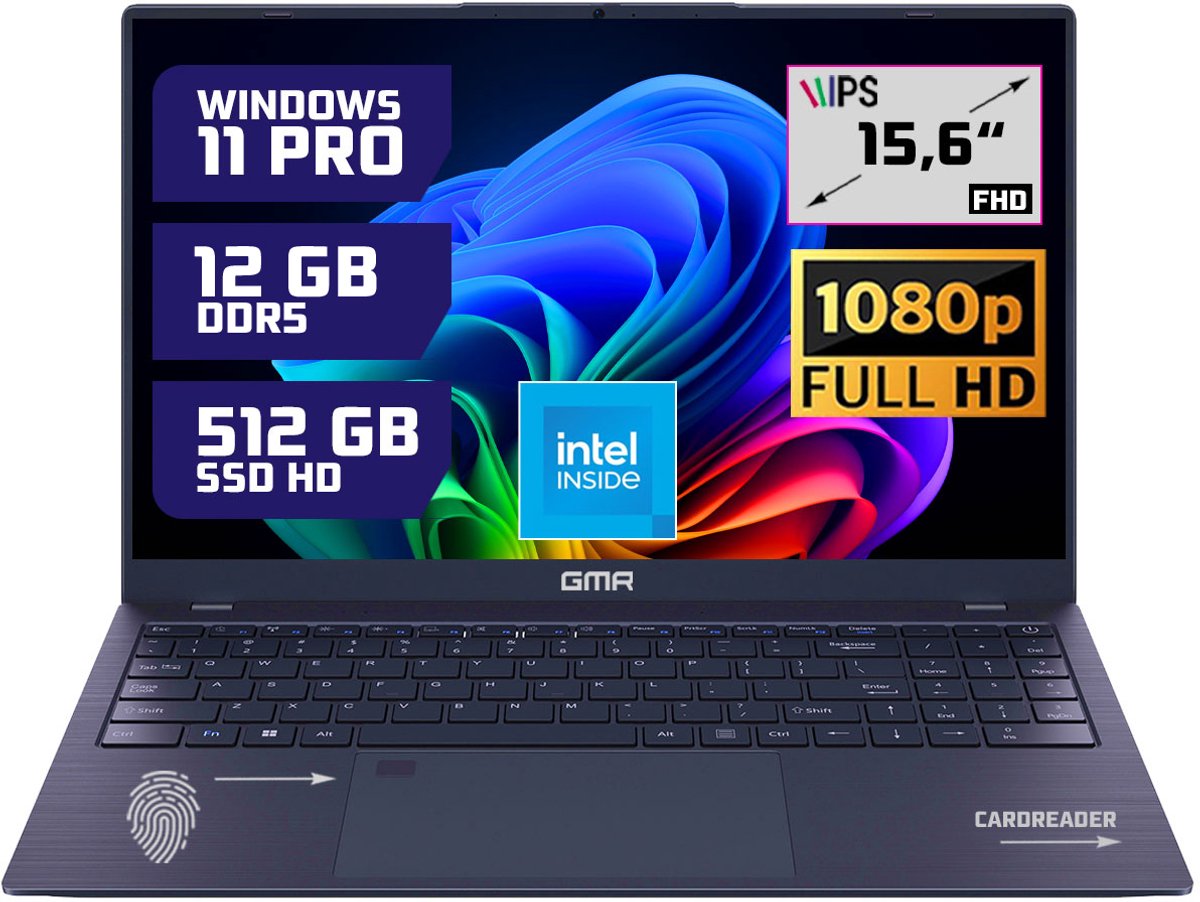 GMR - Ultrasnelle 15.6" Laptop - Stijlvol Design - Intel N95 - 16GB Werkgeheugen - 512GB Opslag - Windows 11 Pro