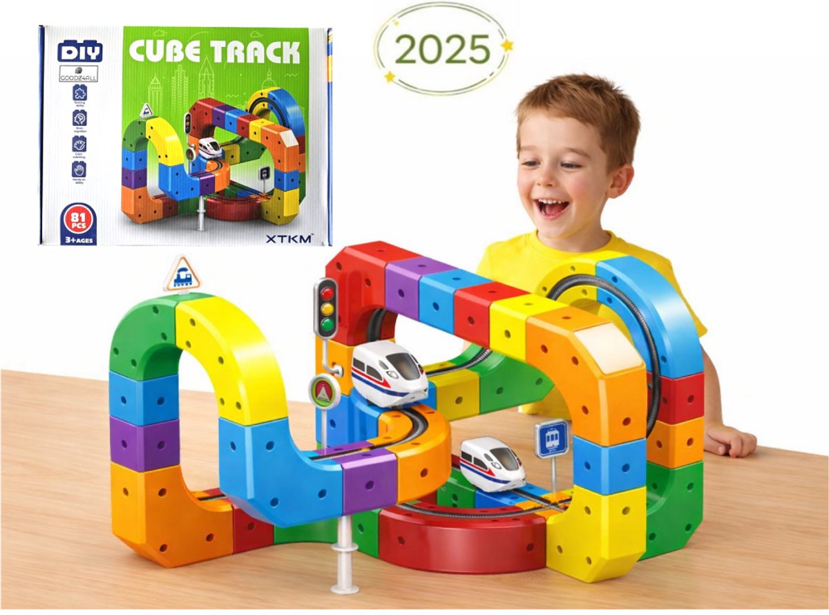 Goodz4All 3D Cube Tracks Treinbaan DIY 82-Delig - Magisch Speelgoed - Montessori Speelgoed - Bouwspeelgoed - Blokken Bouwstenen - STEM Speelgoed USB - Oplaadbaar 3+ Uitbreidbaar - Inclusief Extra Trein