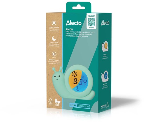 Alecto SIMON slaaptrainer, mintgroen, slakvormig met digitale tijdsaanduiding.