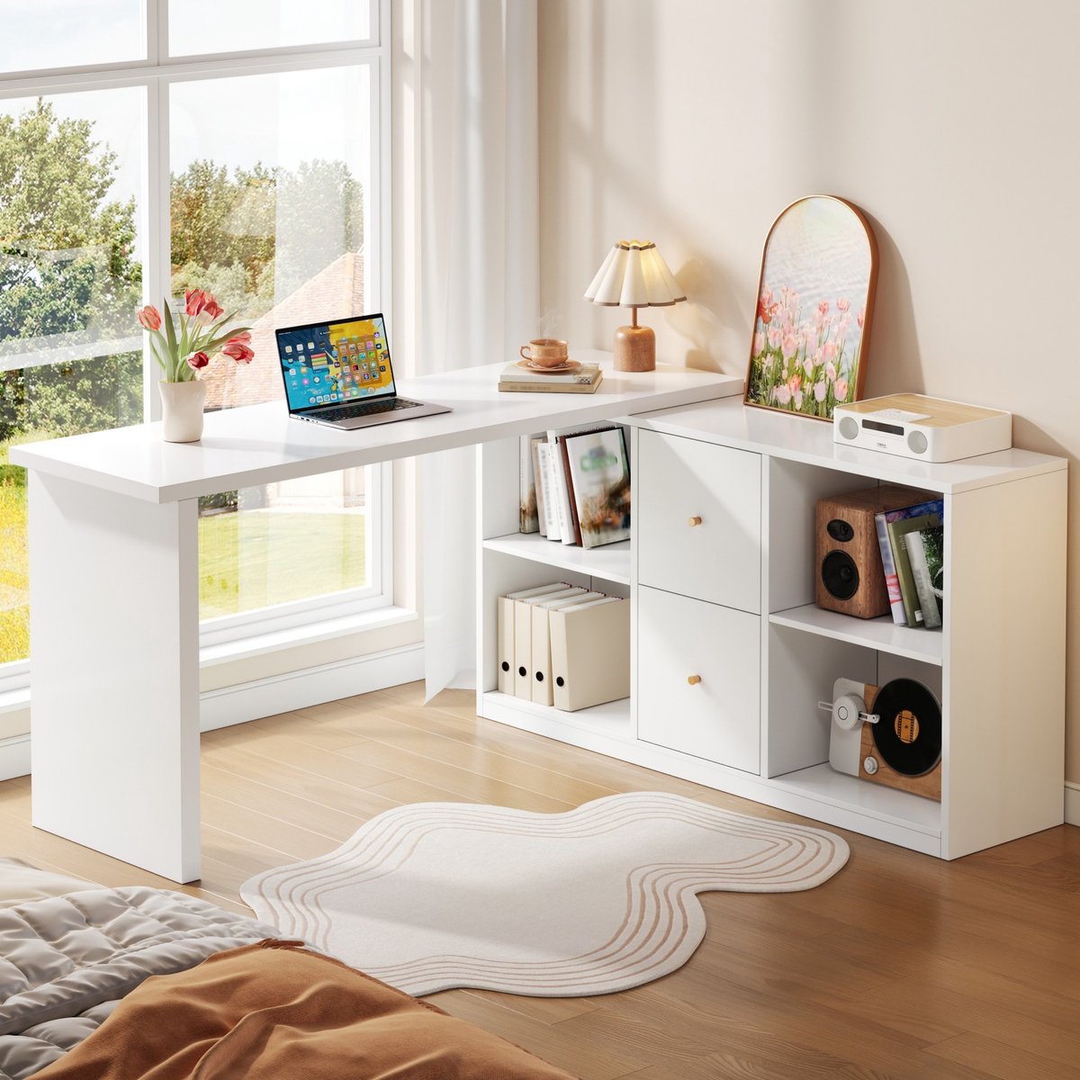 Sweiko Hoekbureau - L-bureau - 2 lades - Opbergplank - Links- en rechtsdraaiend - Wit