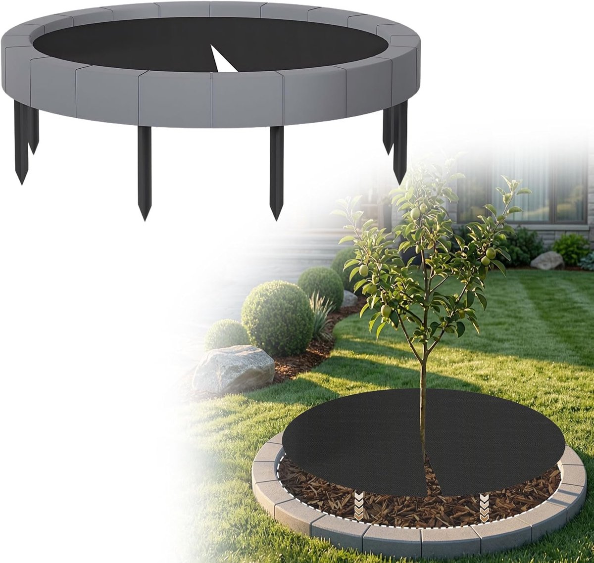 Boomring Gazonrand - Met Onkruidbestrijdend Vlies & Grondpinnen - Weerbestendige Wortelbescherming - Rand voor Robotmaaiers - Voor Bomen En Struiken - Tuin - Grijs - Ø60 cm - NAIZY
