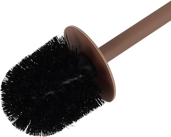 Close-up van bruine toiletborstel met zwarte haren.