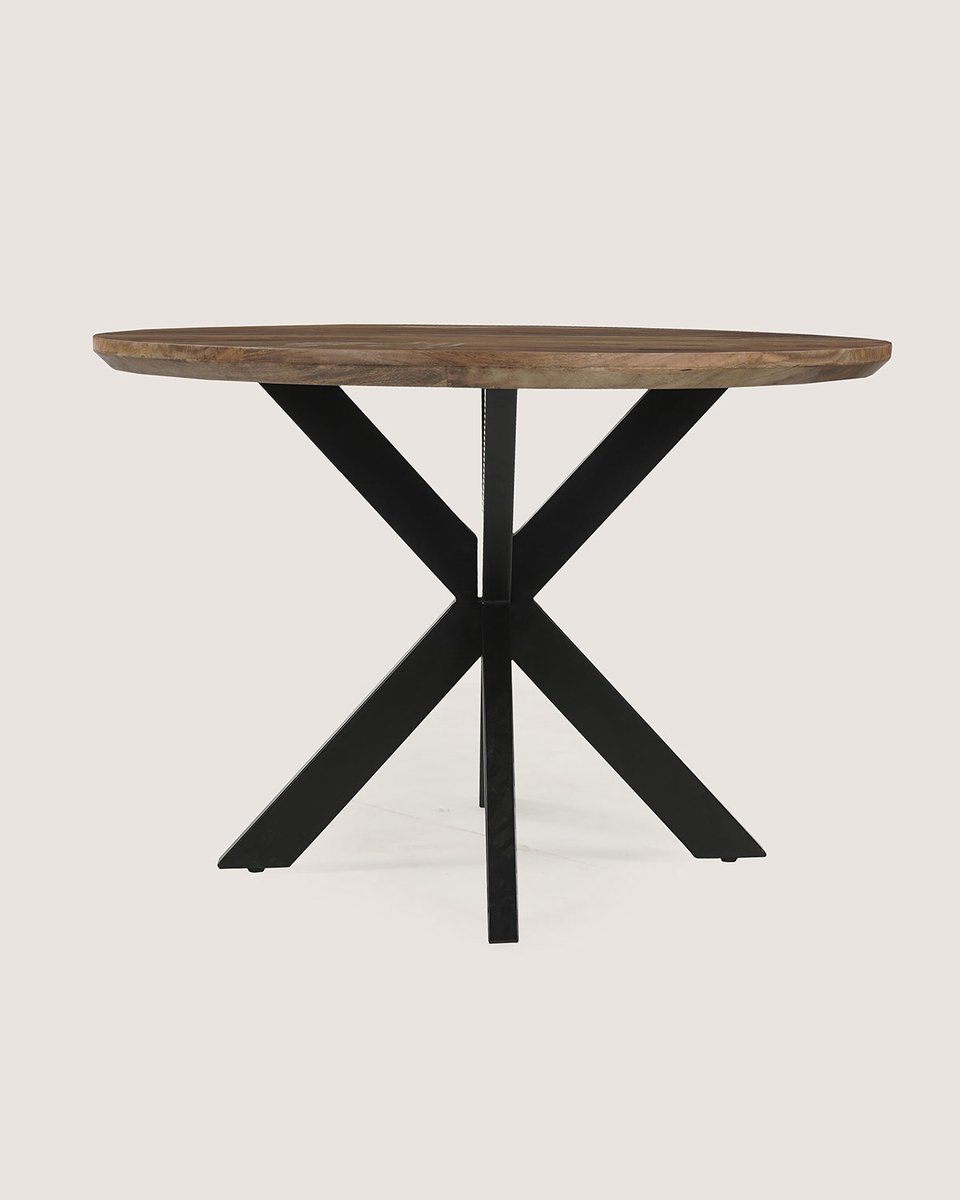 Ronde Eettafel 150 cm Mangohout – Bruin – Zwart Metalen Matrix Onderstel – Elegant Chic – 6-7 Personen