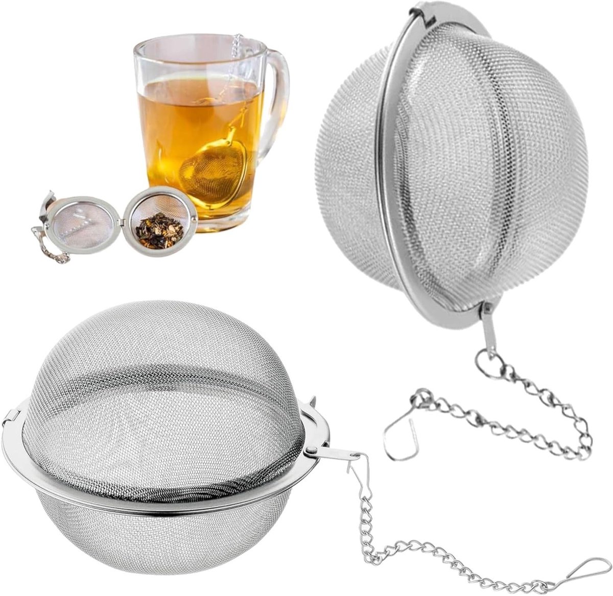 Infuseur voor Thee en Koffie, 4.5 cm Boule met Fijne Zeef en Ketting, Set van 2, Roestvrij Staal, Geschikt voor Losse Thee en Kruiden, Vaatwasserbestendig