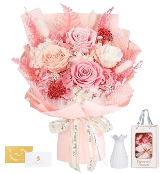 Eeuwig rozenboeket in vaas - 4 geconserveerde roze rozen - Onderhoudsvrij cadeau voor verjaardag, Valentijnsdag of Moederdag