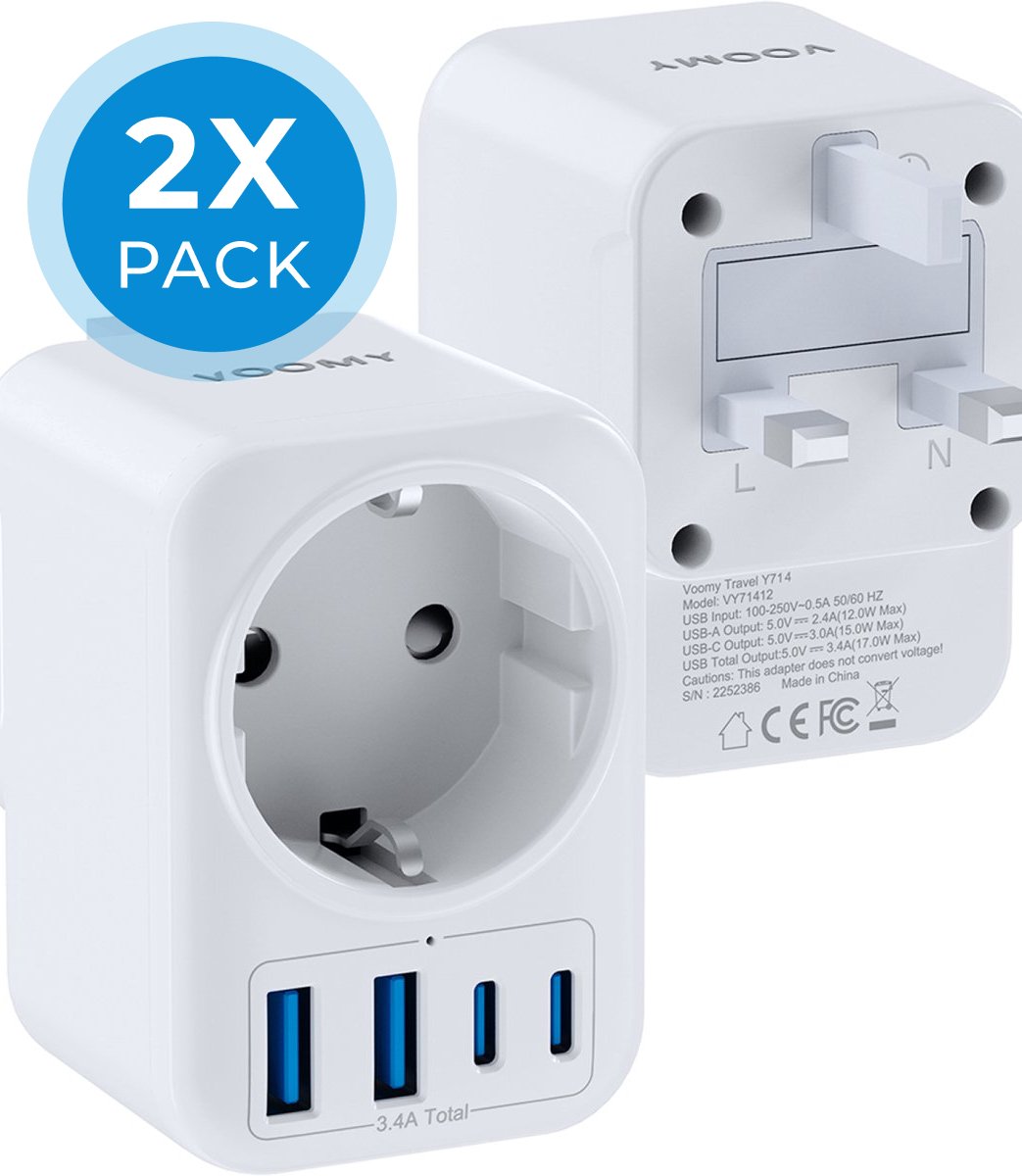 Voomy Reisstekker Engeland/UK 2x Pack - Met 2 Usb-C & 2 Usb-A - Wereldstekker Type G - Geschikt voor Engeland/UK, Ierland, Singapore, Hong Kong - Wit