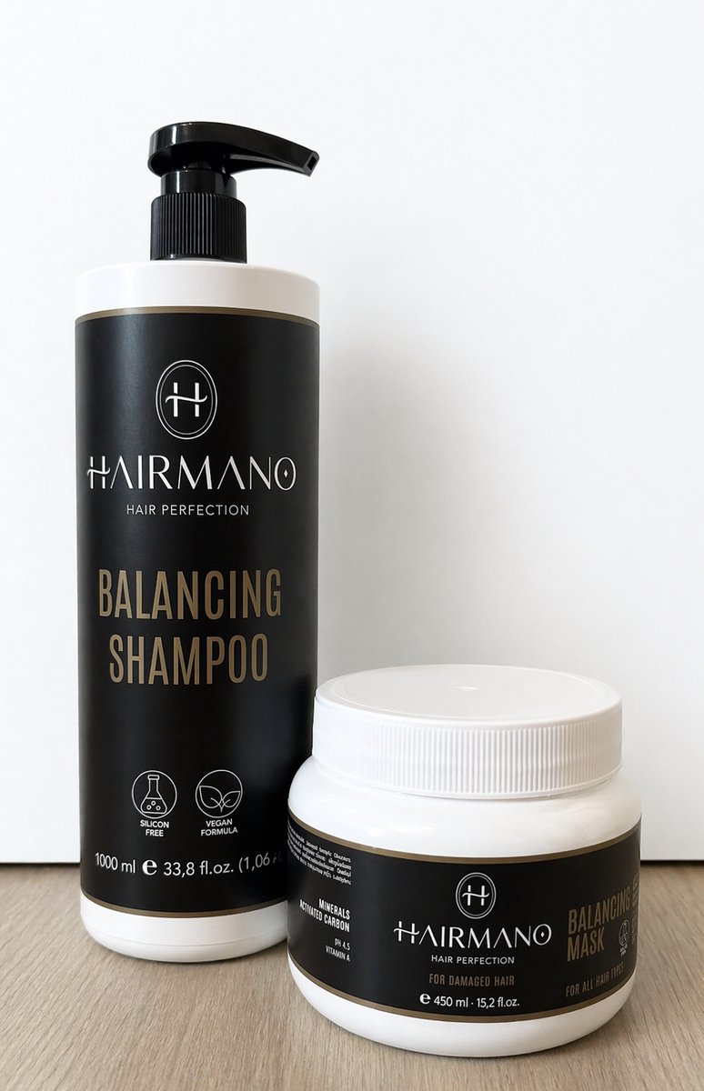 Hairmano Balancing Set – Shampoo 1000 ml + Hair Mask 450 ml – Voor Vette Hoofdhuid – Diep Reinigend & Verzorgend – Siliconenvrij