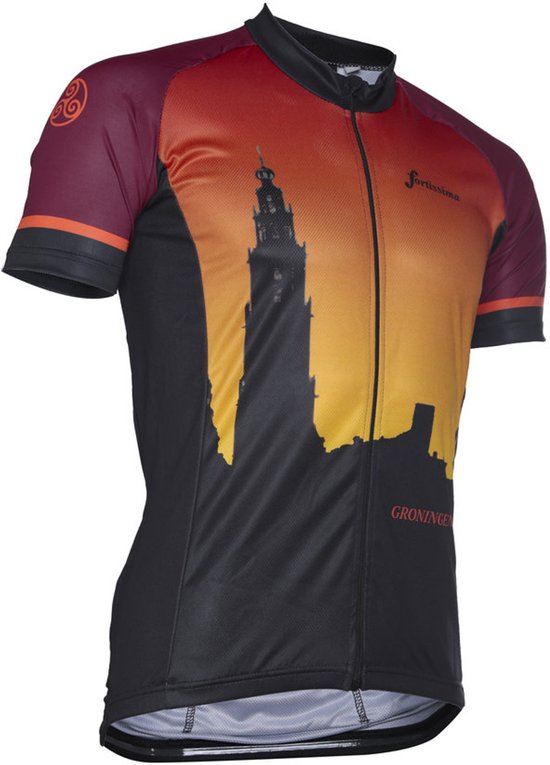 Fietsjack met opdruk van Martinitoren bij zonsondergang en het woord GRONINGEN.