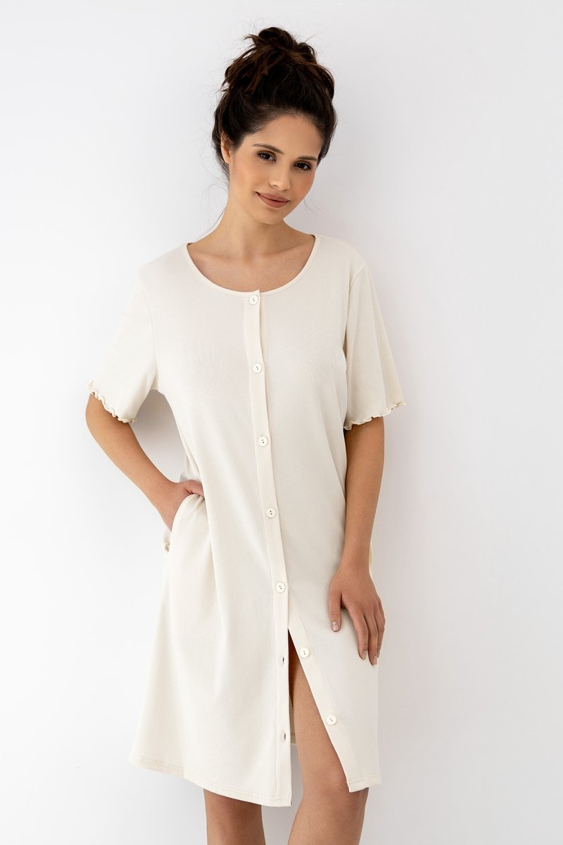 S& Sensis Sensis Viscose Nachthemd Dames Geribd Knoopsluiting Zakken Ecru BAYLA 36 /