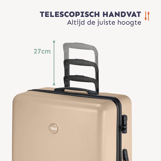 Beige koffer met uitschuifbaar handvat, 27cm verstelbaar.