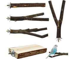 5-delige vogelzitset met natuurlijke houten perch, speeltjes en accessoires voor parkieten en vogels