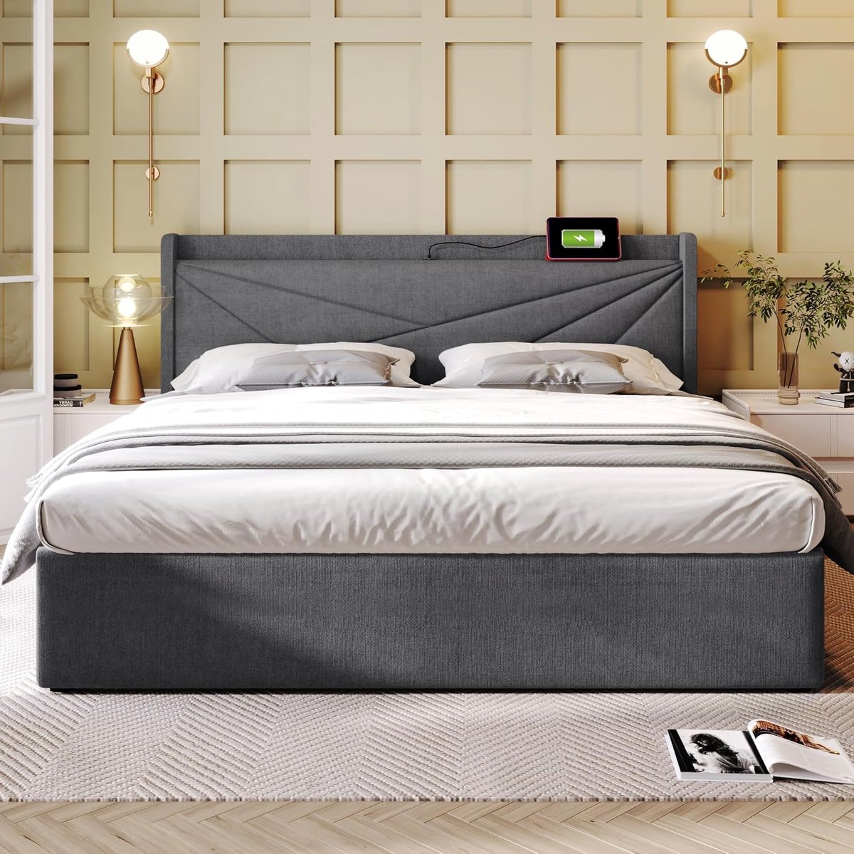 Luxe Gestoffeerd Opbergbed 160x200 cm met Bedbox, Lattenbodem en Gevoerde Hoofdbord – Modern Tweepersoonsbed in Grijs