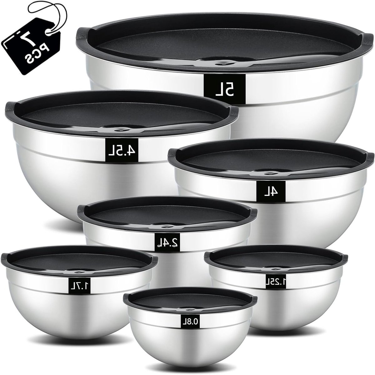 Mixkommen Set van 7 Rvs Met Deksel Stapelbare Mengkommen Vaatwasserbestendig voor Salades en Bereidingen 4.5L tot 0.7L