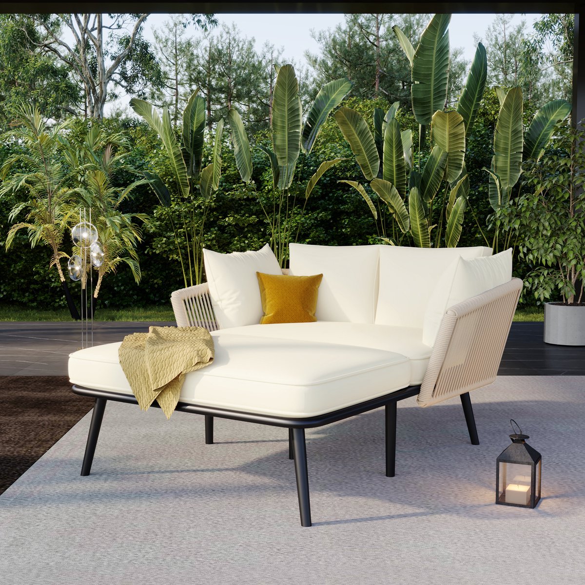 Tuinbank met 2 Kussens en 2 Rugkussens, Zonnebank voor Buiten, Tuinloungeset, Balkonmeubelset, Loungemeubelen, Terrasmeubelen, Kussens afneembaar en wasbaar, Beige