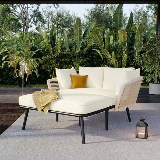Tuinbank met 2 Kussens en 2 Rugkussens, Zonnebank voor Buiten, Tuinloungeset, Balkonmeubelset, Loungemeubelen, Terrasmeubelen, Kussens afneembaar en wasbaar, Beige