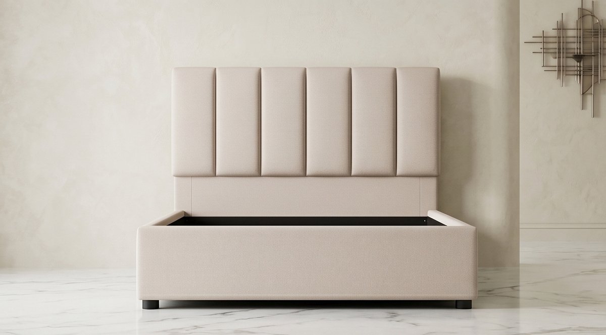 Luxe Opbergbed 90x200 cm met Hydraulisch Opbergsysteem en Gestoffeerd Hoofdbord – Mobili Bella – Single Bed met Lattenbodem, Linnen Beige, Modern Kinder- en Jeugd Bed met Extra Opbergruimte