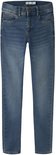 Blauwe skinny jeans met vijf zakken, op de voorgrond.