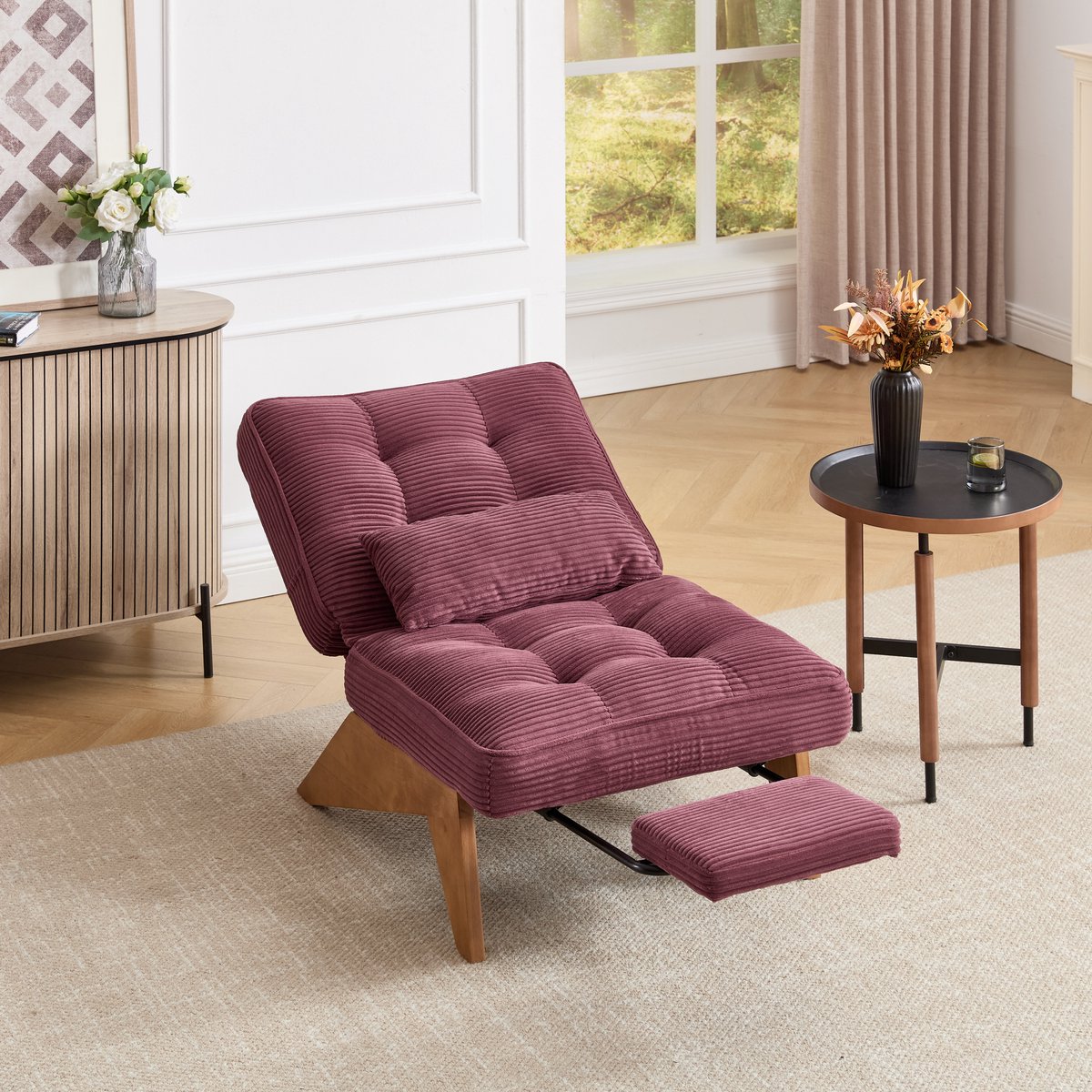 MODENUIT Loungestoel 127x73x90 cm - Verstelbare Rugleuning Met Voetensteun - Voor Woonkamer - Corduroy Wijnrood