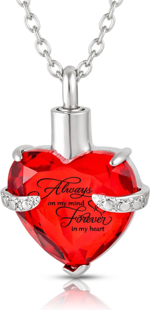 Akerz Mini urn ketting hart rood – As hanger – Herinneringssieraad – Always in my heart – RVS