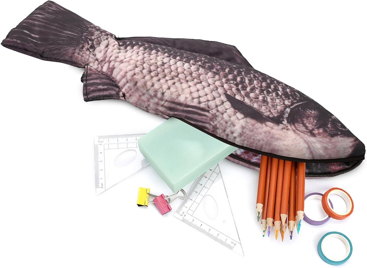 Visvormige Etui, Realistisch Ontwerp en Veelzijdige Pennenhouder voor School, Reizen en Dagelijks Gebruik, 31 x 14 cm, Perfect voor Kinderen en Onderwijsbenodigdheden