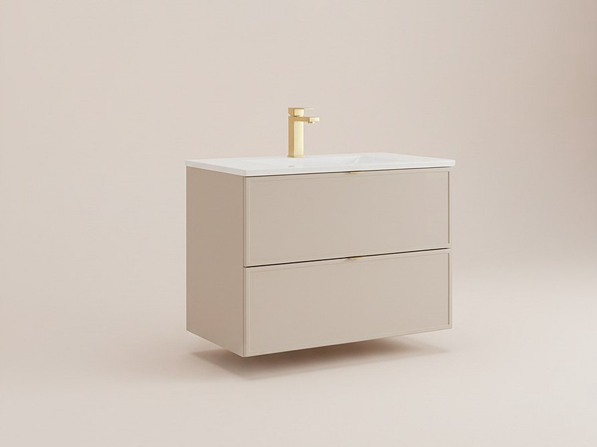 Vente-unique Zwevend badkamermeubel met inbouwwastafel en kraan - Beige - 80 cm - ONDIL