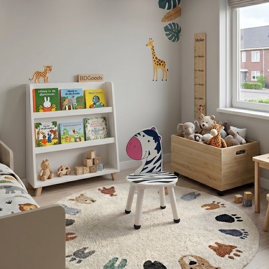 Kinderkamer met een wit kinderstoeltje met zebraprint, boekenrek, speelgoedkist en ronde vloerkleed.