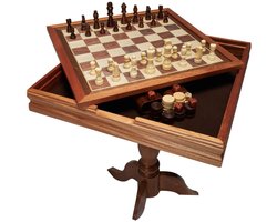 Novendo Goods - 3-in-1 spelset met schaken, dammen & backgammon - Luxe schaaktafel met opberglade - Verzwaarde stukken - Premium bordspel voor thuis en cadeau