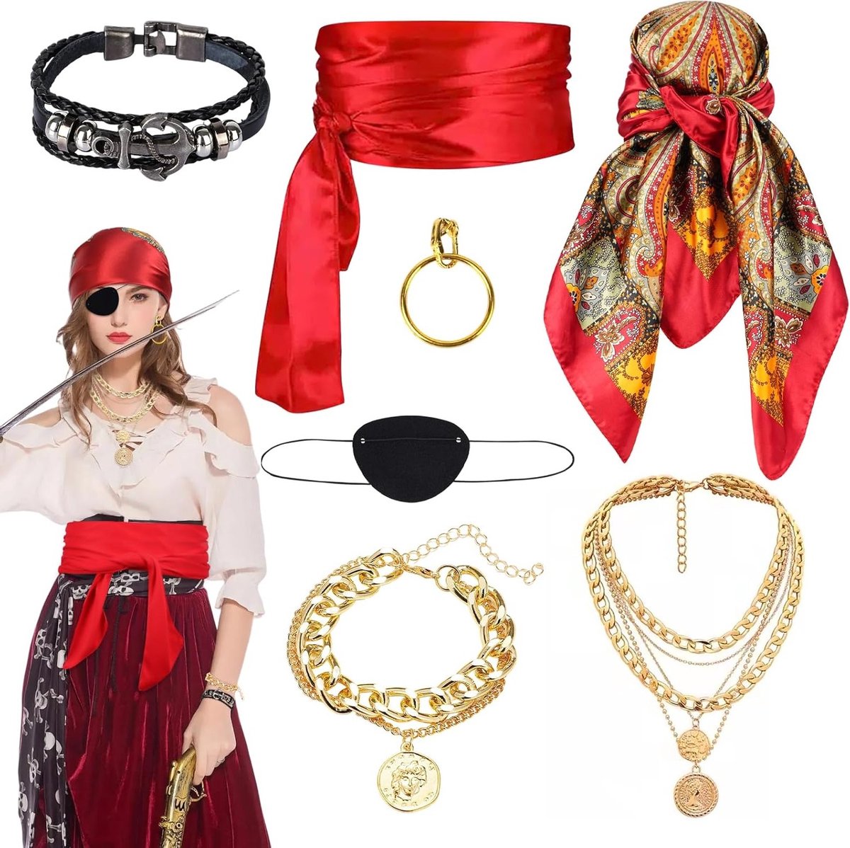 Piratenkostuum accessoires voor vrouwen: hoofdtooi, ooglap, oorbel, armband en ketting voor cosplay en feestjes