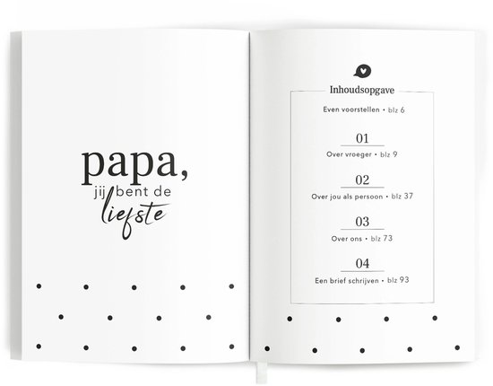 Open boek met tekst "papa, jij bent de liefste" en inhoudsopgave