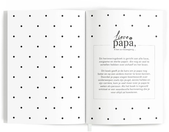 Open boek met tekst "Lieve papa, ik ben zo nieuwsgierig..." en uitleg over het boek