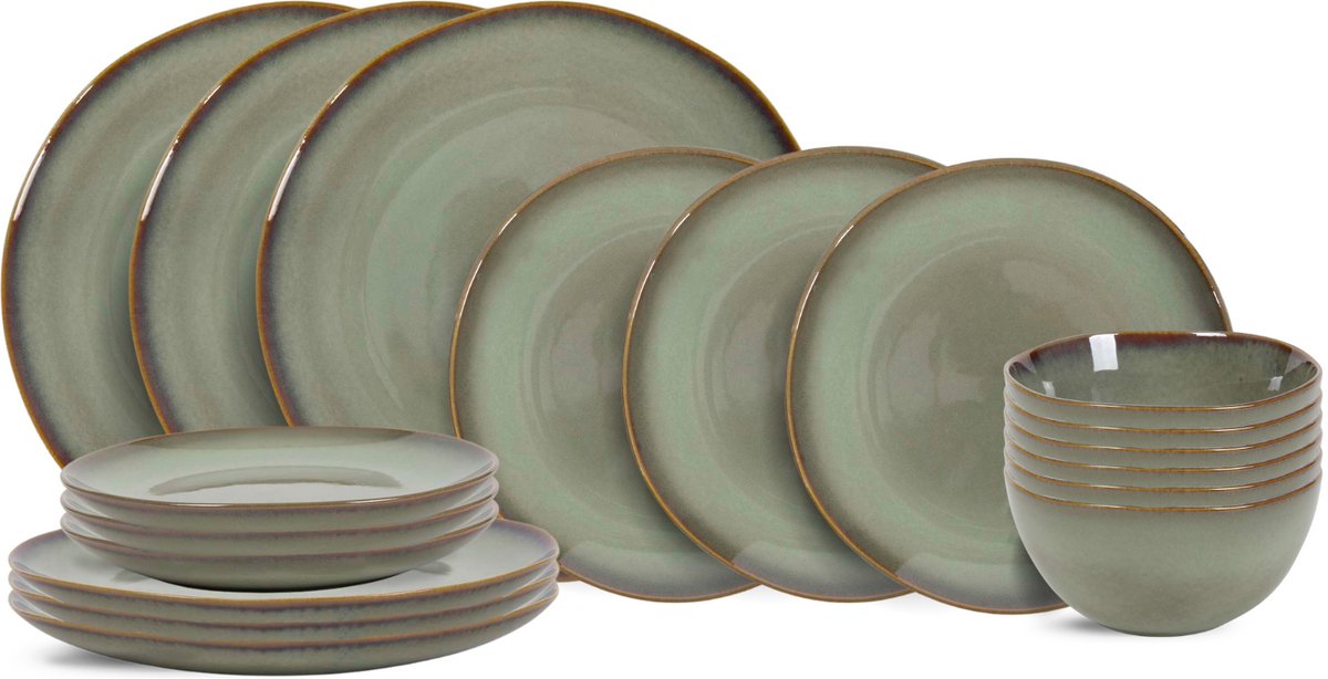 Cookinglife Serviesset Sabi Groen 18-delig – Servies Set 6 Personen – Modern Design Aardewerk – Vaatwasser- & Magnetronbestendig