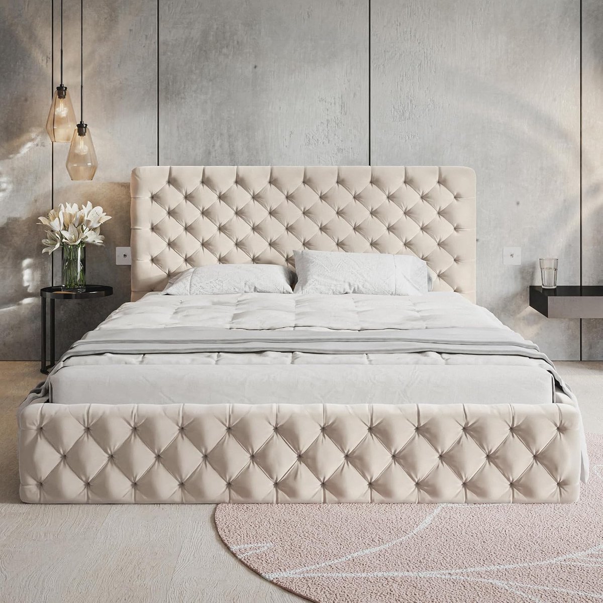 Luxe Chesterfield Opbergbed 120x200 cm Velvet Beige Crème met Lattenbodem, Hydraulisch Opbergsysteem en Gestoffeerd Hoofdbord
