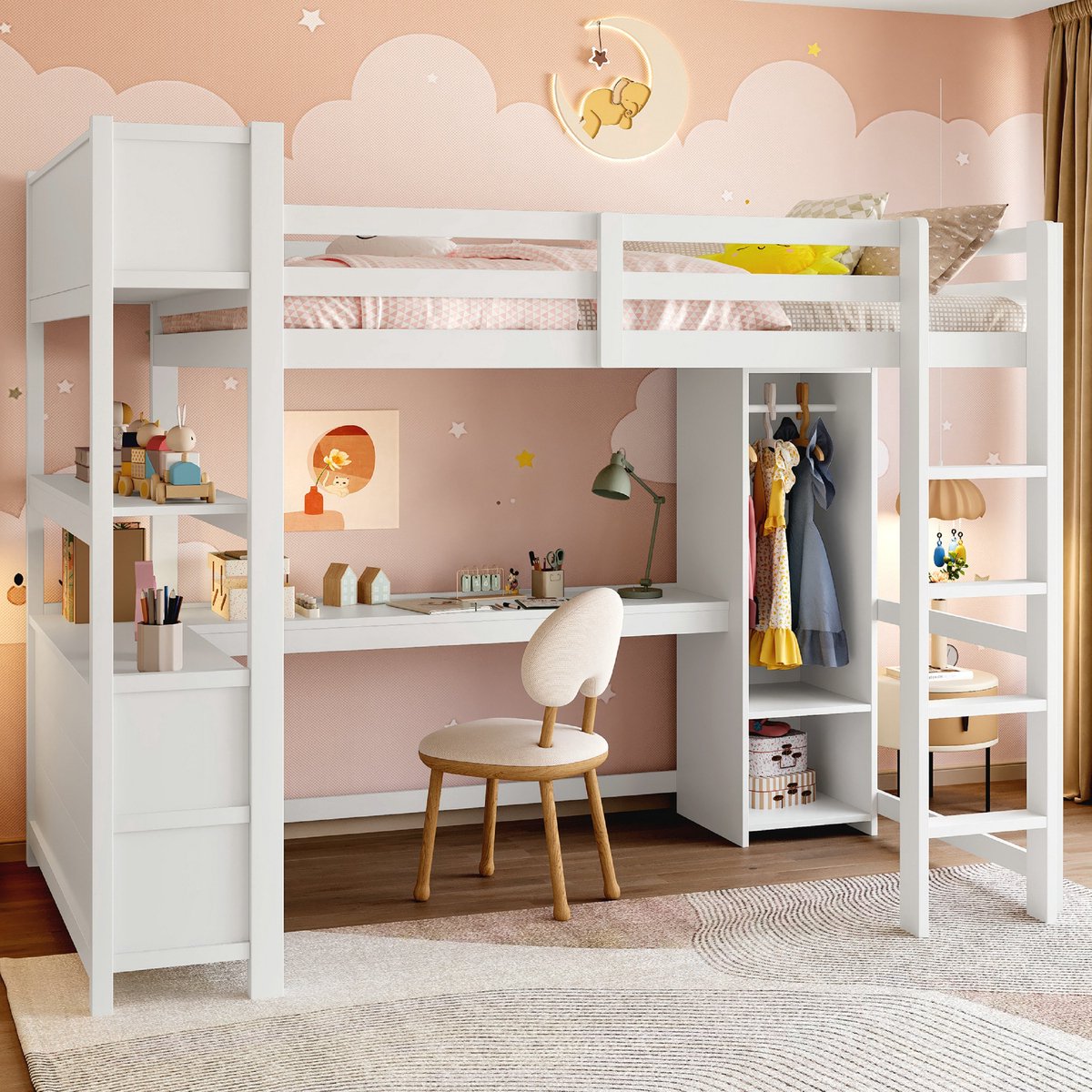 VVBV Hoogslaper 140x200 met bureau / Hoogslaper met bureau en kast – Zonder Matras – met Kledingkast, Opbergrekken, Opbergruimte, Veiligheidshek – Wit