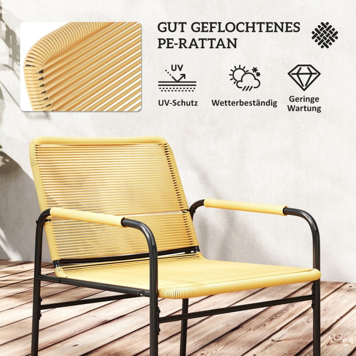 Gutent Loungesets - Bistroset - 3 Delig - 2 Tuinstoelen - 1 Salontafel - Ratten - Staal - Geel
